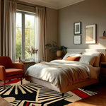 A stylish bedroom featuring the Rhythmic Rays Hand Tufted Area Rug, perfect for both living room and dining room spaces. This wool rug showcases an abstract design in bold black, cream, and red hues, adding a modern touch to the cozy setting.