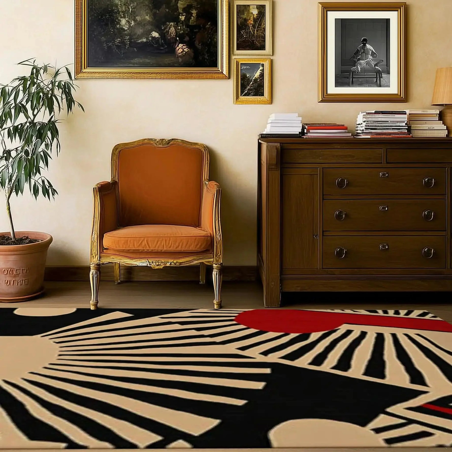 A stylish living room setting featuring a Rhythmic Rays Hand Tufted Area Rug. The rug showcases an abstract design with bold black, beige, and red patterns, perfect for enhancing the aesthetics of any living room or dining room. This wool rug complements the classic decor, including an orange upholstered chair, a wooden dresser, and framed artwork on the wall.