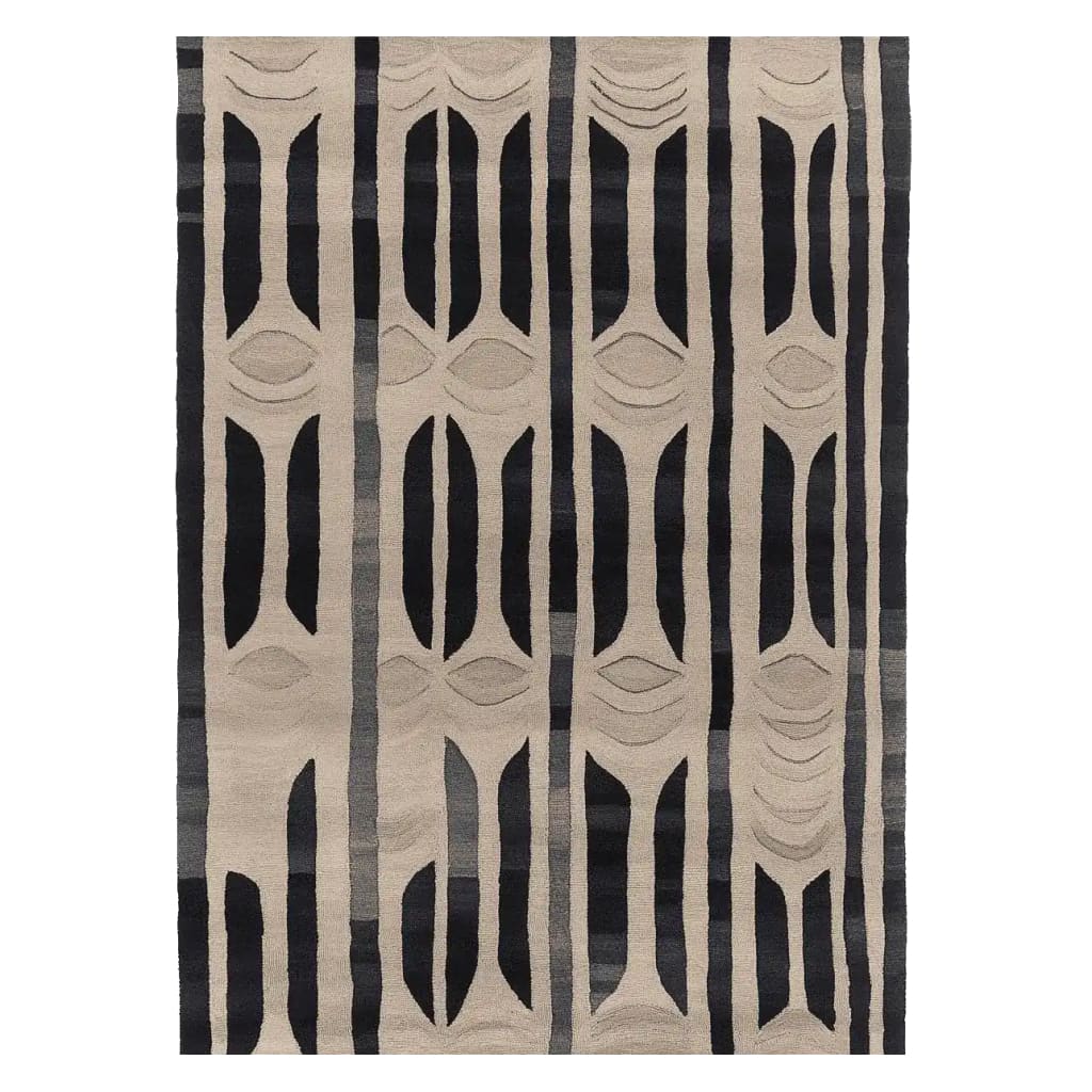 A stylish area rug featuring a bold geometric pattern in black and beige, perfect for adding a contemporary touch to your living room. This wool rug, sized 8x10, is ideal for large living spaces, offering both comfort and design flair.