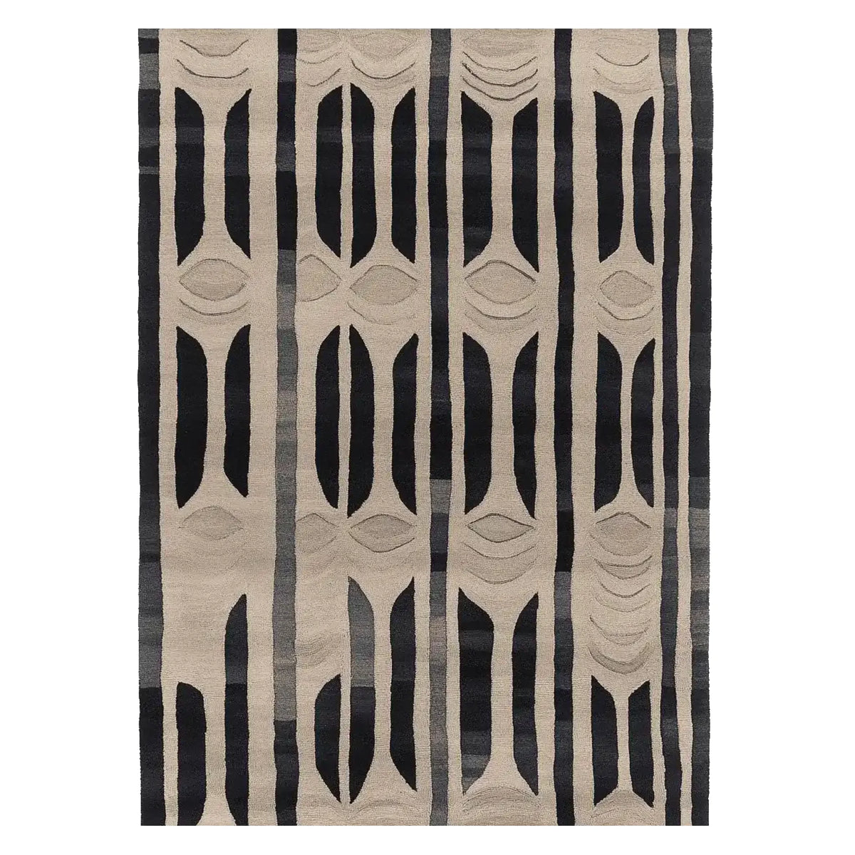 A stylish area rug featuring a bold geometric pattern in black and beige, perfect for adding a contemporary touch to your living room. This wool rug, sized 8x10, is ideal for large living spaces, offering both comfort and design flair.