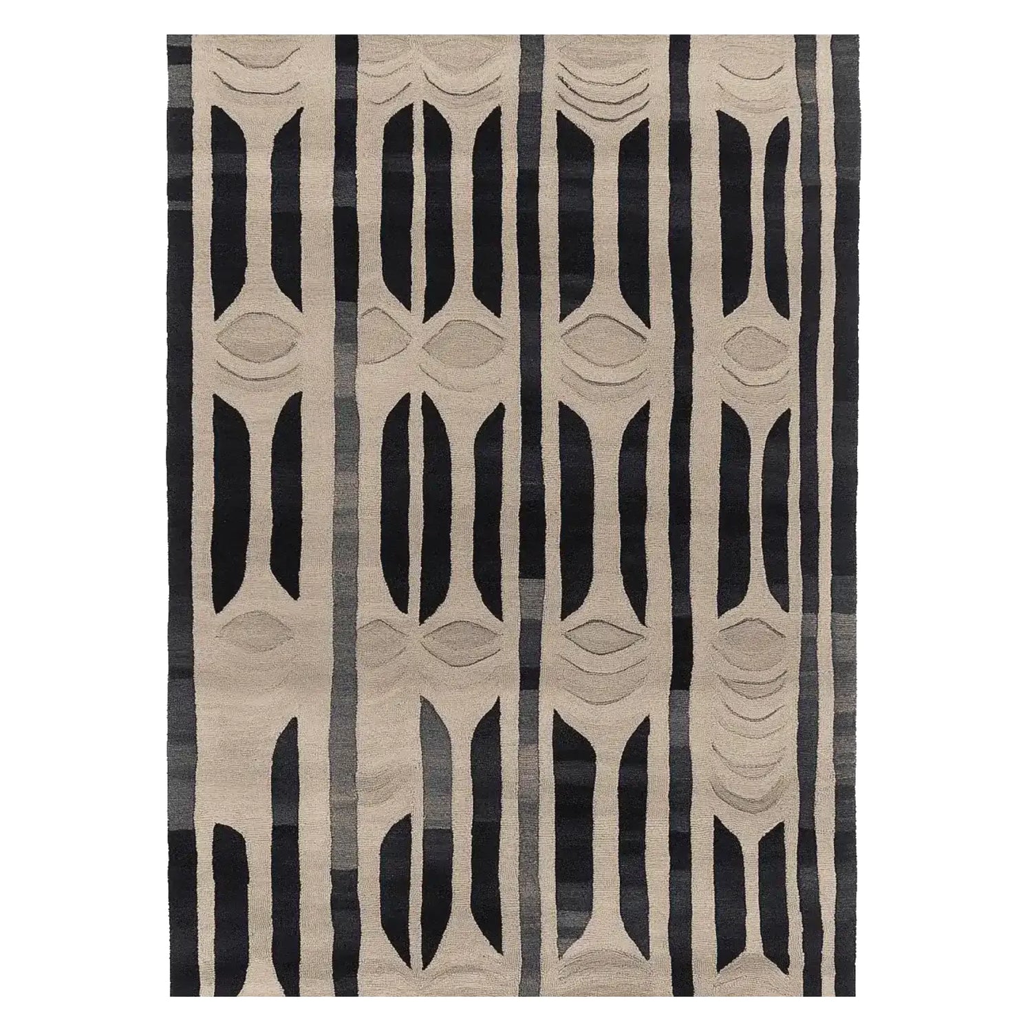 A stylish area rug featuring a bold geometric pattern in black and beige, perfect for adding a contemporary touch to your living room. This wool rug, sized 8x10, is ideal for large living spaces, offering both comfort and design flair.