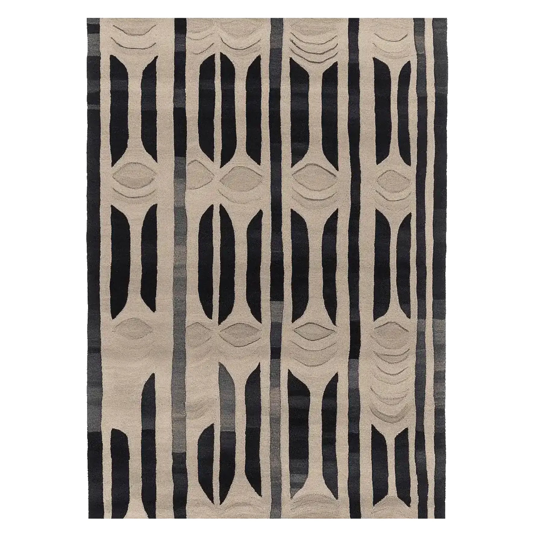 A stylish area rug featuring a bold geometric pattern in black and beige, perfect for adding a contemporary touch to your living room. This wool rug, sized 8x10, is ideal for large living spaces, offering both comfort and design flair.