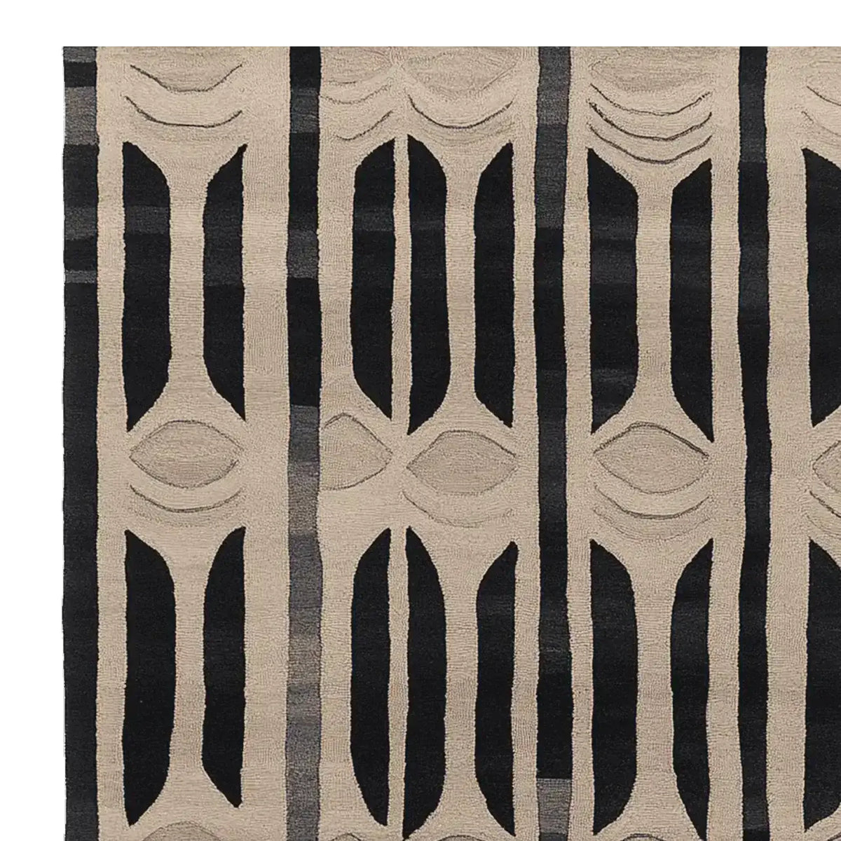 A contemporary area rug featuring a rhythmic vein design in black and beige, perfect for adding a modern touch to your living room. This wool rug is ideal for large spaces, measuring 8x10, and showcases a unique geometric pattern that complements any decor.