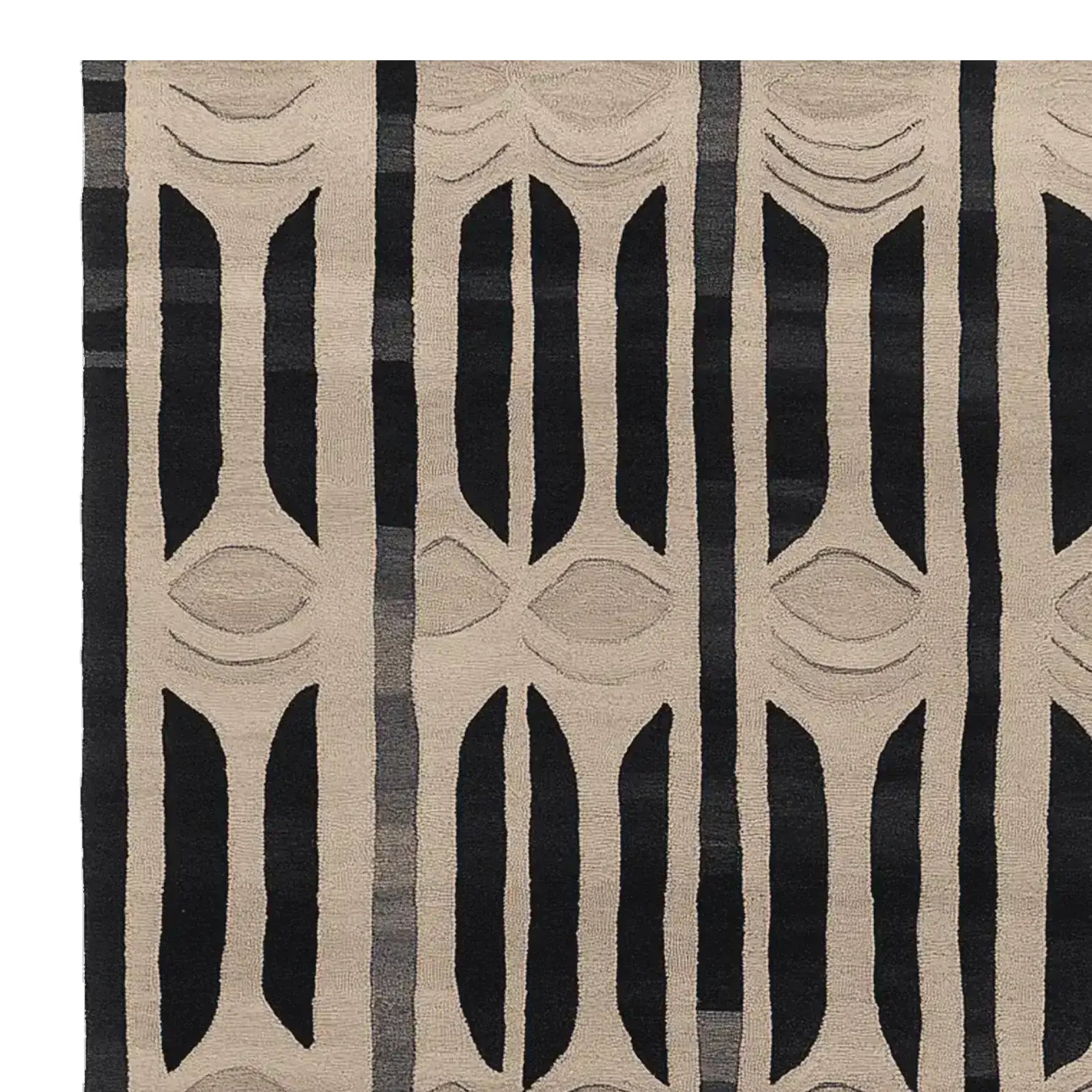 A contemporary area rug featuring a rhythmic vein design in black and beige, perfect for adding a modern touch to your living room. This wool rug is ideal for large spaces, measuring 8x10, and showcases a unique geometric pattern that complements any decor.