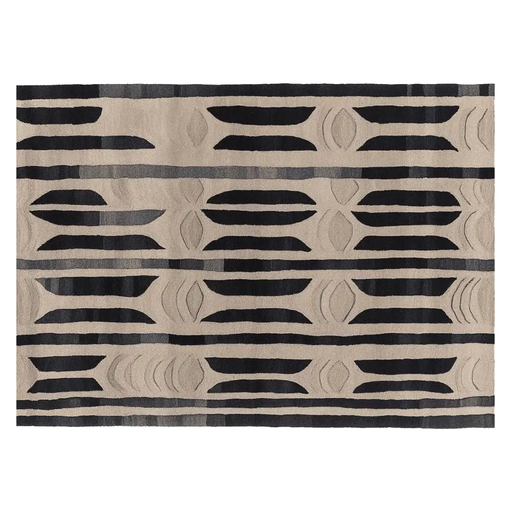 Top view of a Rhythmic Vein Hand Tufted Area Rug showcasing an abstract black and beige pattern. This contemporary wool rug is perfect as a large living room rug, ideally sized at 8x10 to add a modern touch to any space.