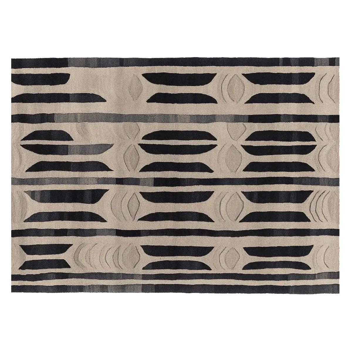 Top view of a Rhythmic Vein Hand Tufted Area Rug showcasing an abstract black and beige pattern. This contemporary wool rug is perfect as a large living room rug, ideally sized at 8x10 to add a modern touch to any space.