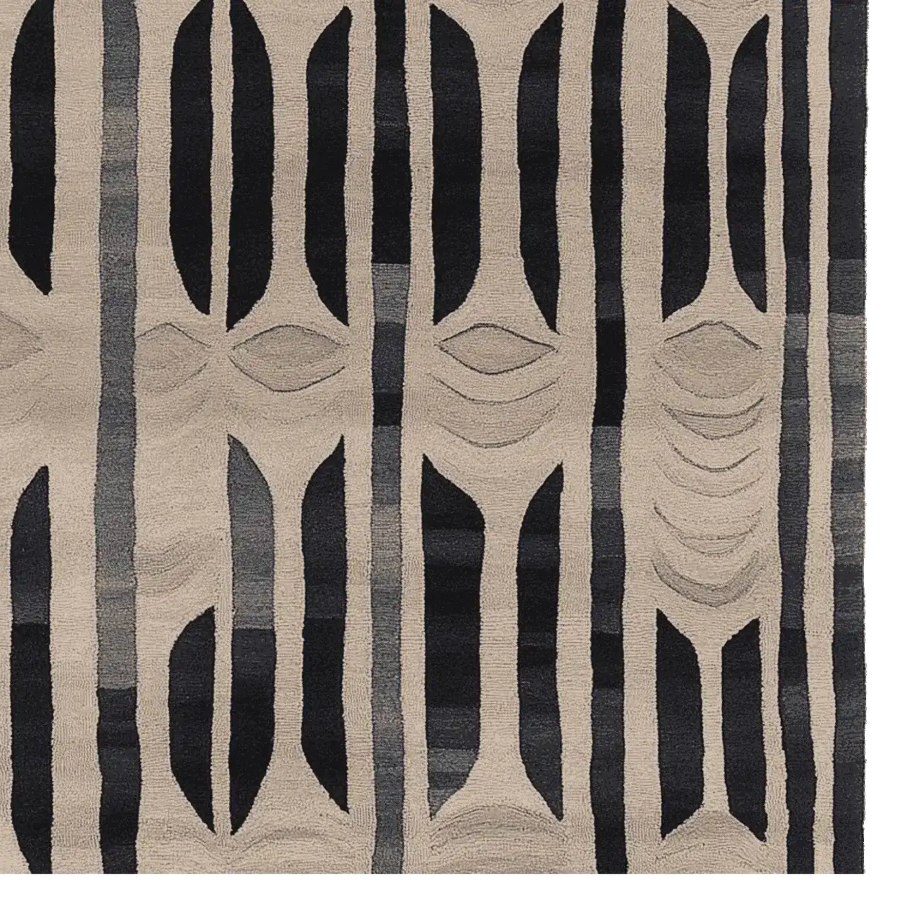 Top view of the Rhythmic Vein Hand Tufted Area Rug showcasing its contemporary design with bold black and gray geometric patterns. This wool rug is perfect for adding a modern touch to large living rooms. Ideal as an 8x10 living room rug.
