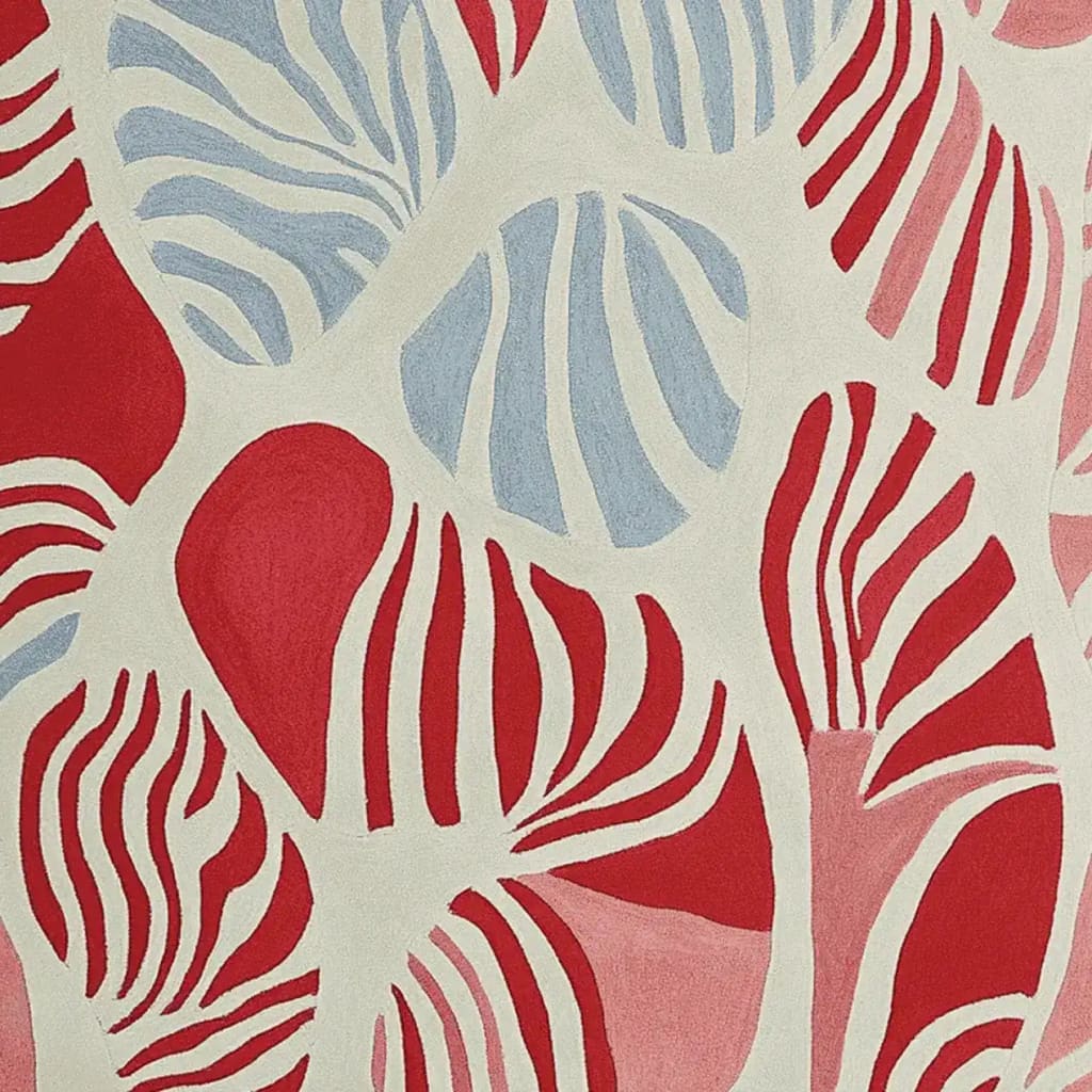 A vibrant contemporary rug showcasing an abstract pattern in red, blue, and white, perfect for adding a touch of modern flair to any living room space. This wool area rug, designed in an 8x10 size, features bold, rhythmic lines reminiscent of natural forms, making it a stunning large living room rug.