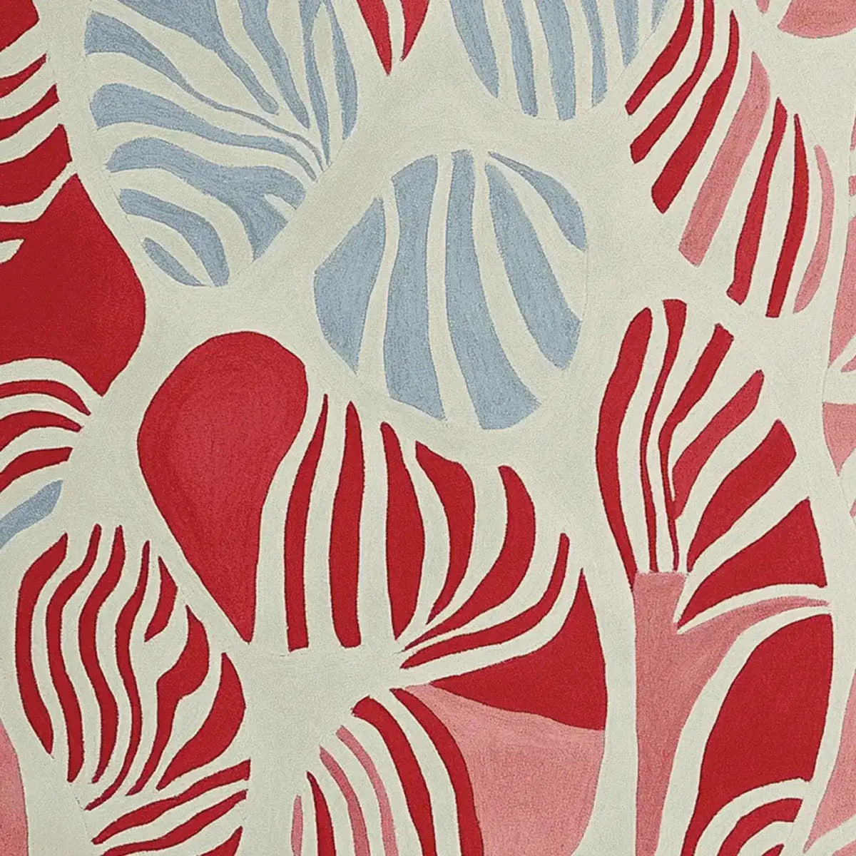 A vibrant contemporary rug showcasing an abstract pattern in red, blue, and white, perfect for adding a touch of modern flair to any living room space. This wool area rug, designed in an 8x10 size, features bold, rhythmic lines reminiscent of natural forms, making it a stunning large living room rug.