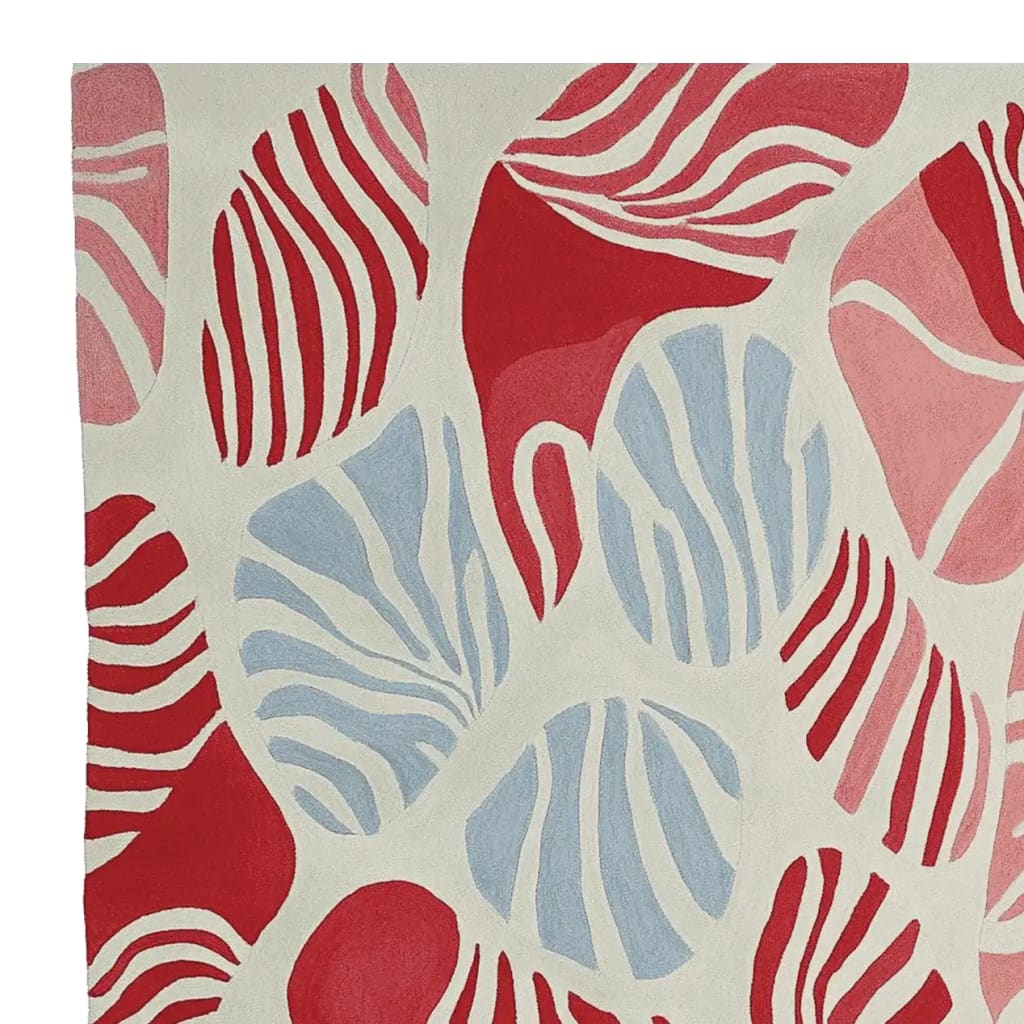 Top view of the Rhythmic Vein Mirage Hand Tufted Area Rug, showcasing its bold abstract design with red, pink, and blue tones. This contemporary wool rug is perfect for adding a modern touch to large living rooms, especially in an 8x10 size.