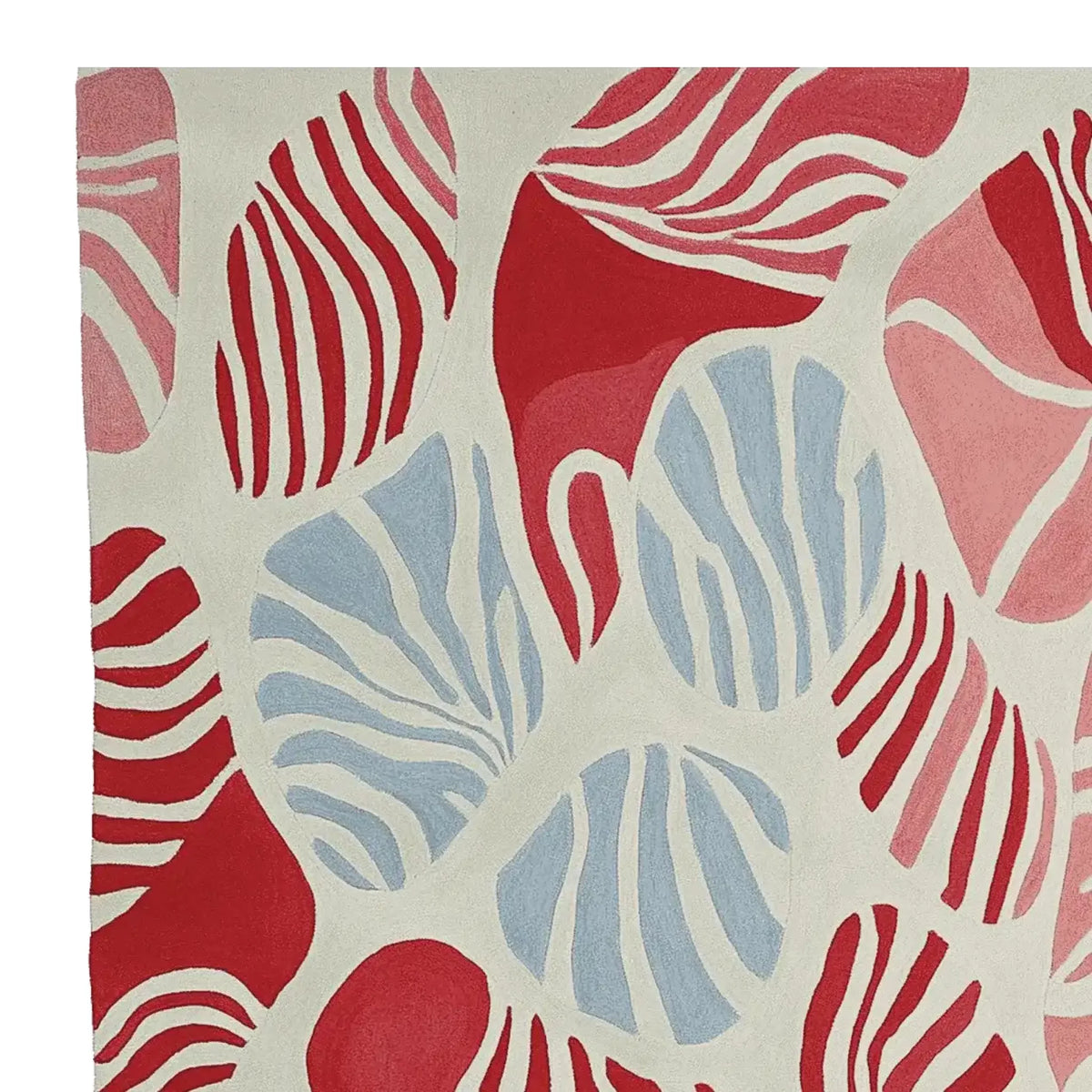 Top view of the Rhythmic Vein Mirage Hand Tufted Area Rug, showcasing its bold abstract design with red, pink, and blue tones. This contemporary wool rug is perfect for adding a modern touch to large living rooms, especially in an 8x10 size.