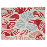 Top view of the Rhythmic Vein Mirage Hand Tufted Rug, a contemporary area rug featuring an abstract pattern in vibrant red, blue, and white. This large living room rug, sized 8x10, is made from high-quality wool, making it a perfect centerpiece for modern home decor.