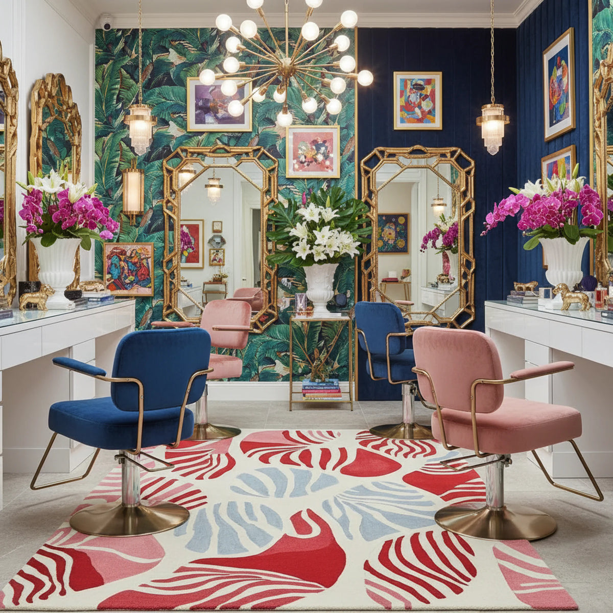 Luxurious interior design with colorful chairs, mirrors, a contemporary wool rug, and floral arrangements.