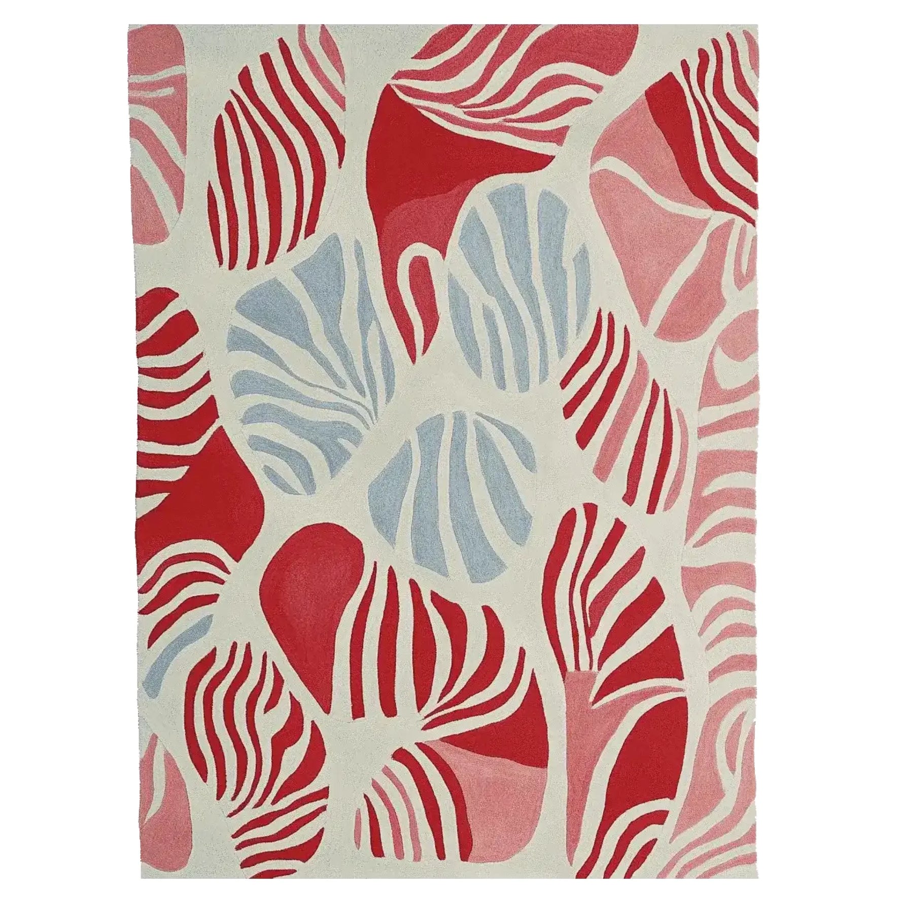 Rhythmic Vein Mirage Hand Tufted Rug featuring an abstract pattern of red, pink, and blue shapes on a light background. This contemporary wool area rug makes a vibrant statement as a large living room rug, ideal for an 8x10 space.
