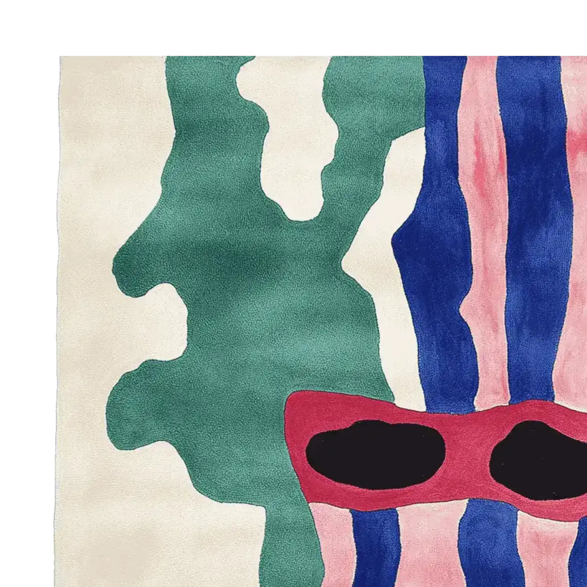 A vibrant square area rug featuring an abstract design in green, blue, and red hues. This contemporary wool rug adds a bold statement to any large living room, showcasing intricate patterns perfect for modern decor.