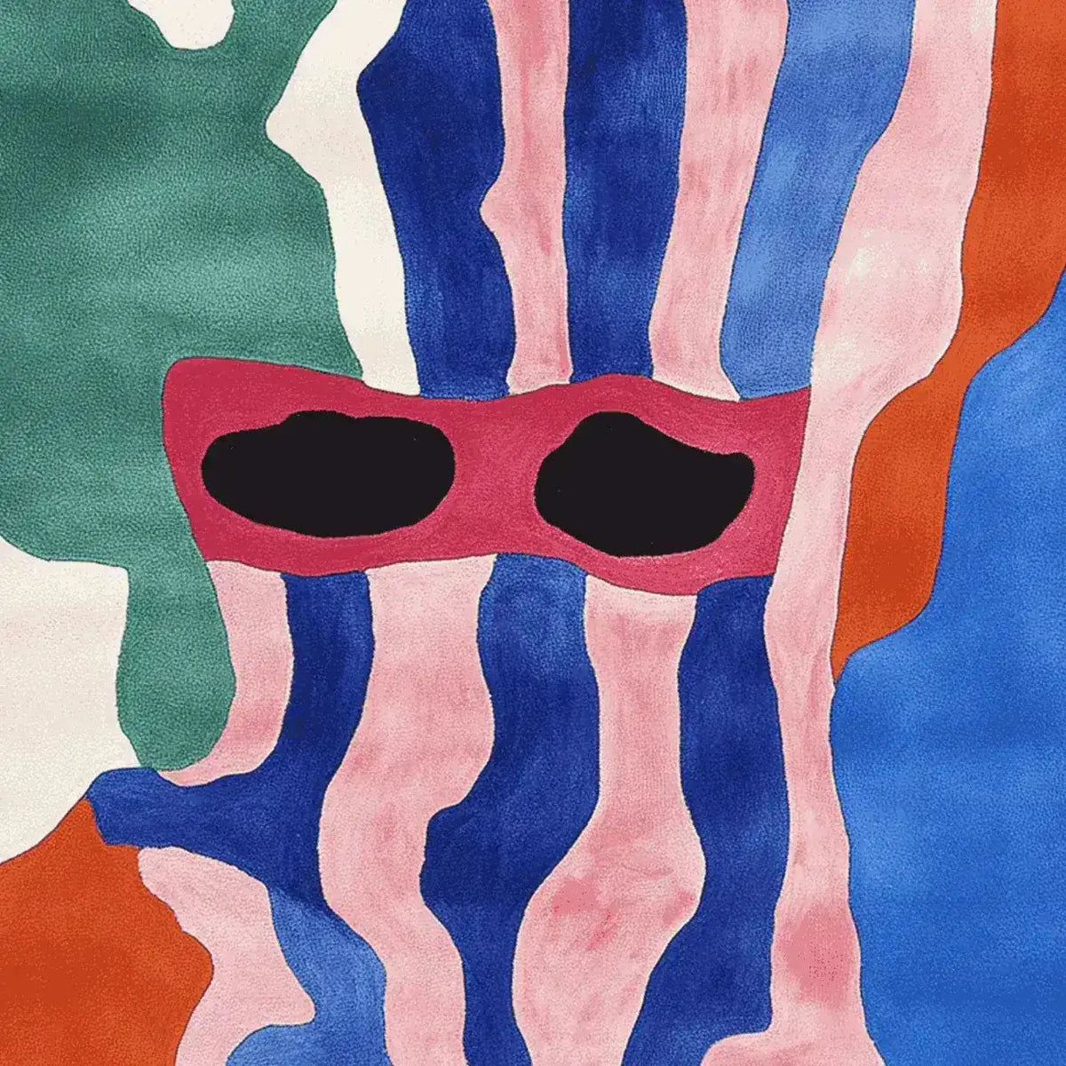 Vibrant abstract design on a Ripple Form Vision hand-tufted area rug, perfect for modern living rooms. This contemporary square rug features bold colors including green, blue, pink, red, and orange, creating a striking visual impact. Ideal for those seeking large living room rugs made from premium wool.