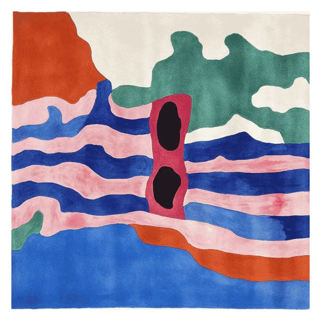 Vibrant contemporary wool area rug featuring an abstract design with bold colors including blue, pink, green, and orange. This square rug is perfect for adding a modern touch to large living room spaces.