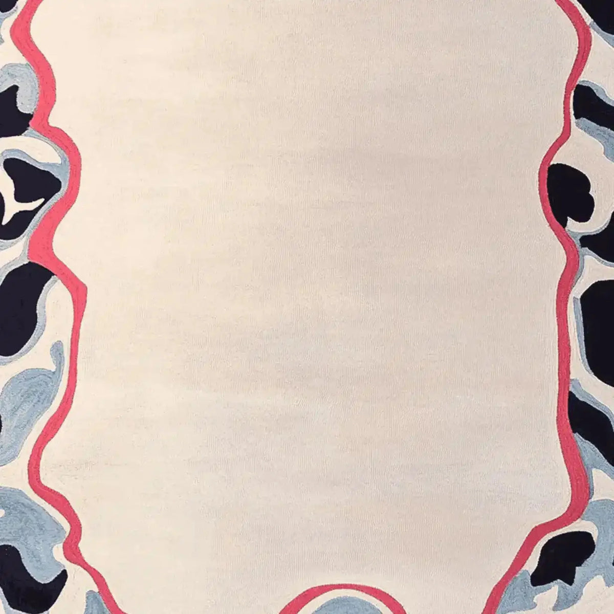 Top view of the Ripple Memory Frame Hand Tufted Rug, a contemporary area rug featuring an abstract wave-like border in shades of black, grey, and red. This wool rug is perfect for adding a modern touch to large living room spaces.