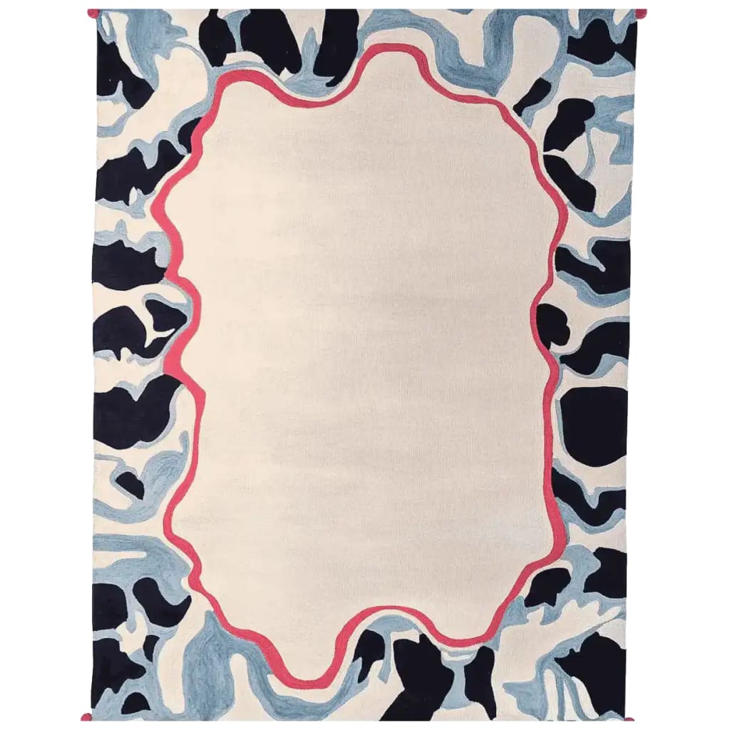 A contemporary hand-tufted wool area rug featuring a unique abstract border design in blue and black with a red accent, perfect for large living rooms.