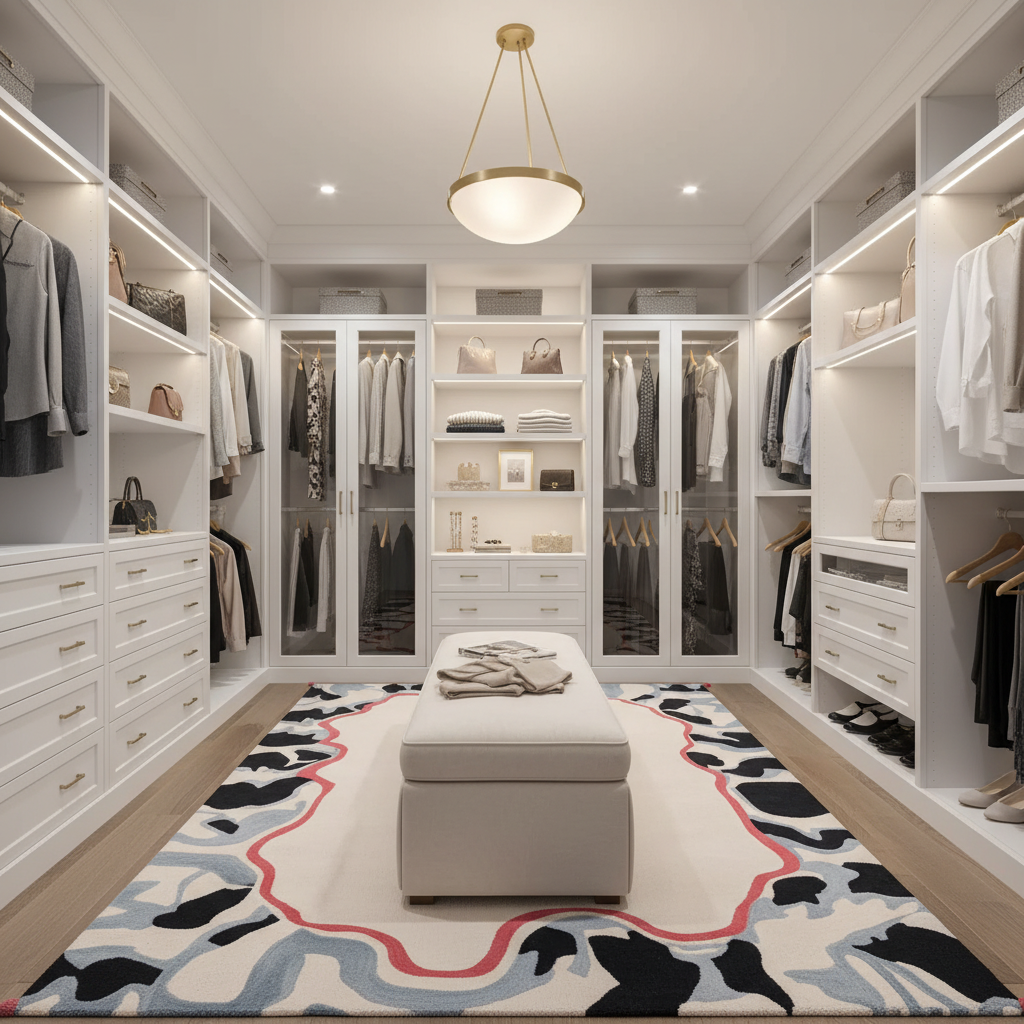 Modern walk-in closet with white shelves, clothes, and a patterned rug.