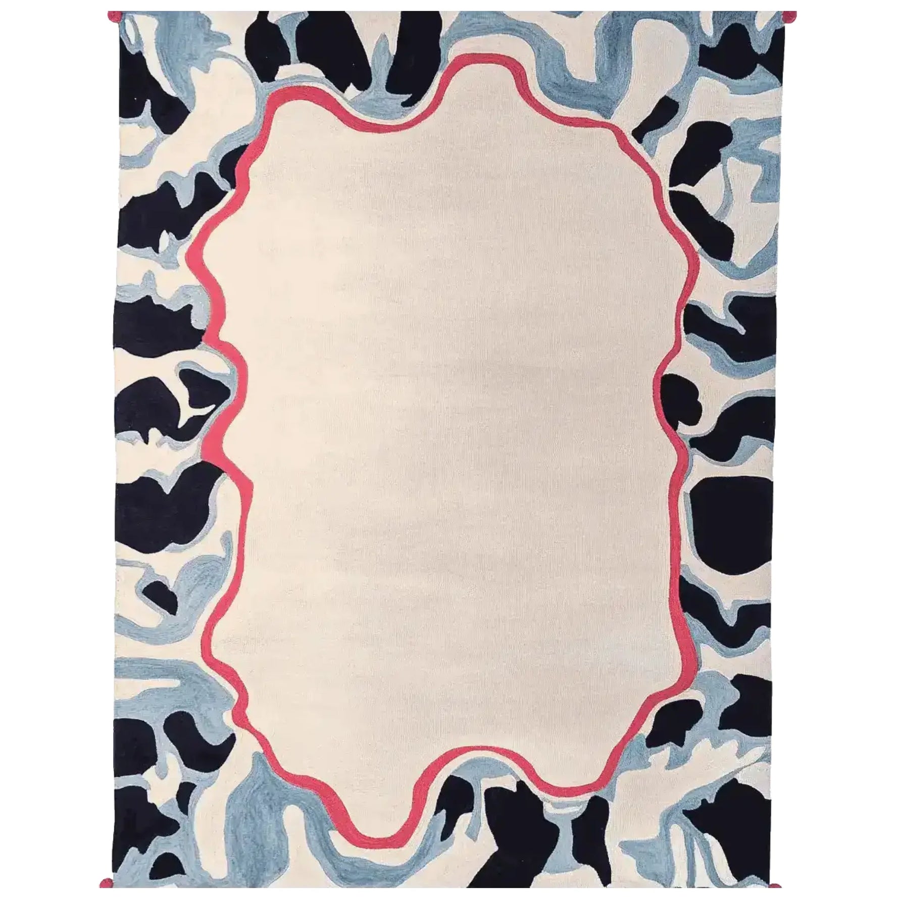 A contemporary hand-tufted wool area rug featuring a unique abstract border design in blue and black with a red accent, perfect for large living rooms.