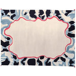 A contemporary area rug showcasing a unique ripple memory frame design. The rug features a hand-tufted pattern with an abstract border in shades of blue and black, accented by a striking red outline. Made from high-quality wool, this large living room rug adds a modern touch to any space.