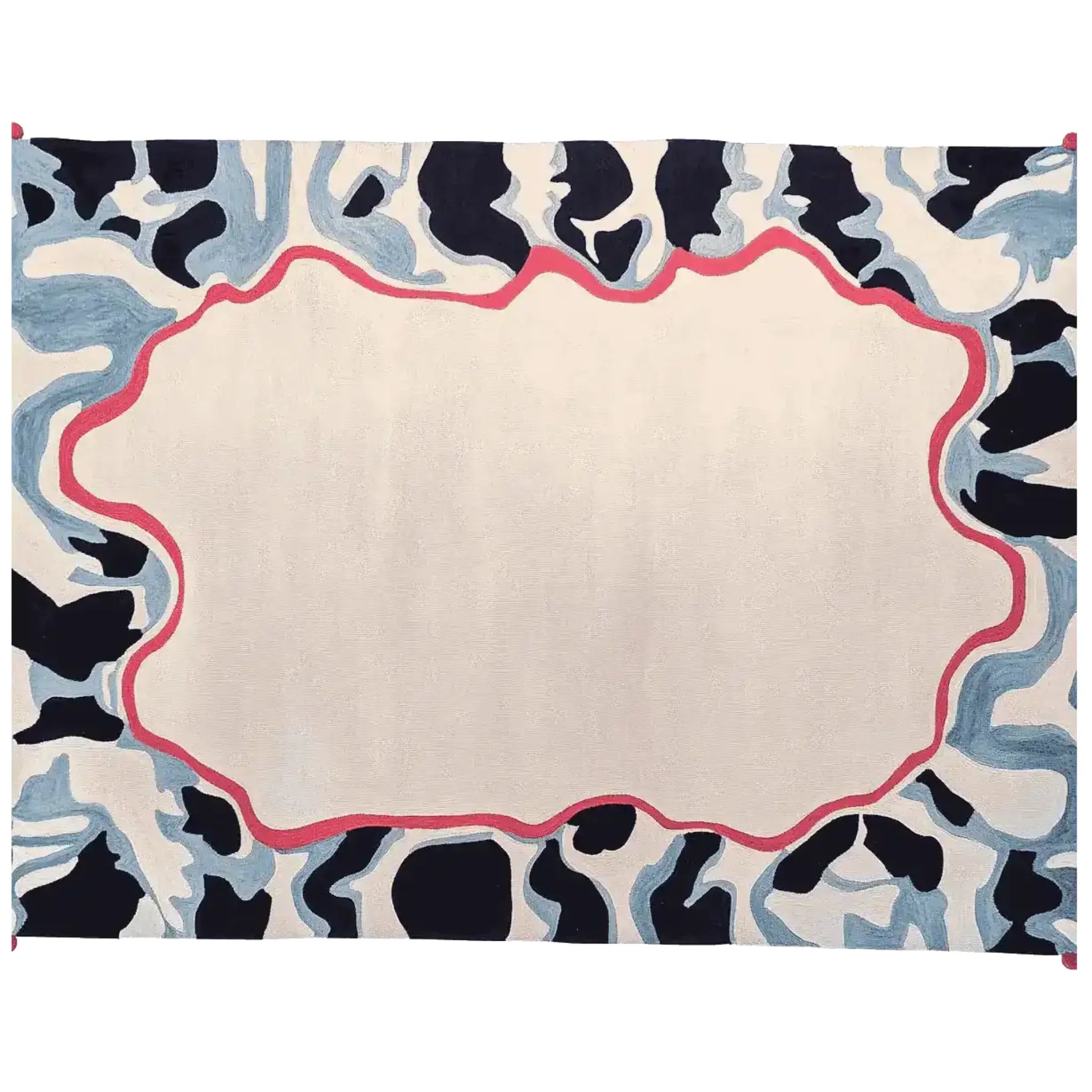 A contemporary area rug showcasing a unique ripple memory frame design. The rug features a hand-tufted pattern with an abstract border in shades of blue and black, accented by a striking red outline. Made from high-quality wool, this large living room rug adds a modern touch to any space.
