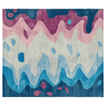 Top view of the Ripple Terrain Hand Tufted Area Rug featuring an abstract design with vibrant waves of blue, pink, and cream colors. This contemporary wool rug adds a dynamic touch to living room area rugs, ideal for an 8x10 space.