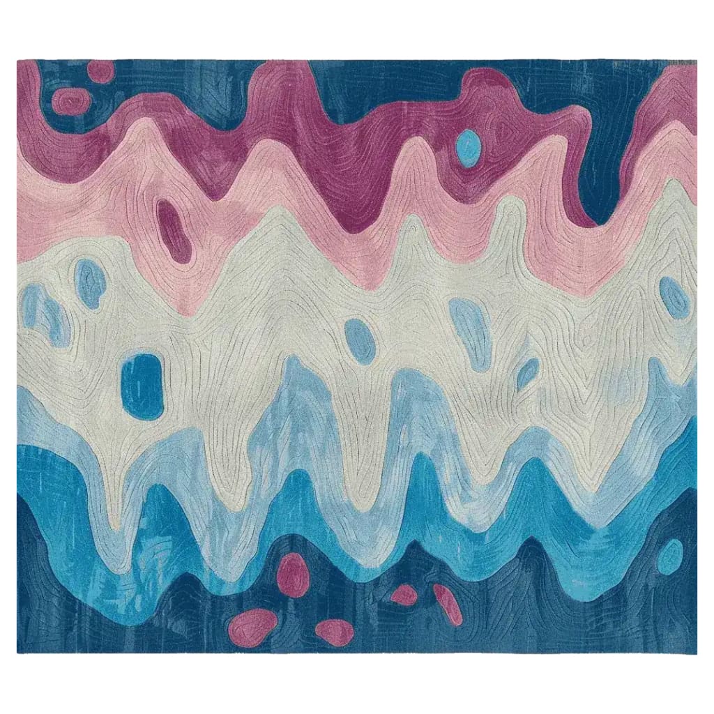 Top view of the Ripple Terrain Hand Tufted Area Rug featuring an abstract design with vibrant waves of blue, pink, and cream colors. This contemporary wool rug adds a dynamic touch to living room area rugs, ideal for an 8x10 space.