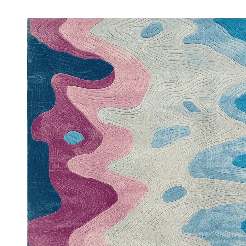A vibrant, contemporary area rug showcasing an abstract ripple terrain design in shades of pink, blue, and cream. This wool rug is perfect for adding a splash of color and modern flair to living room area rugs, especially in an 8x10 size.