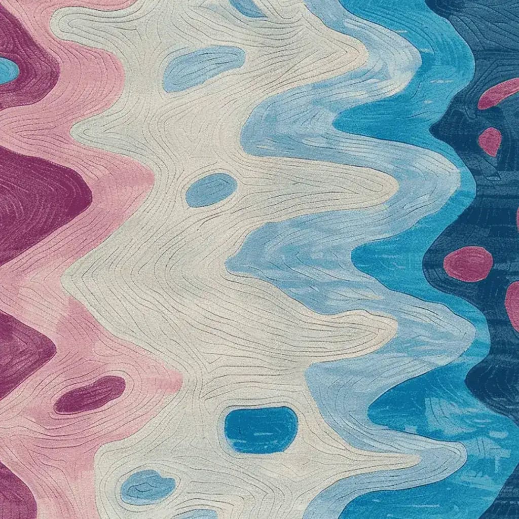 This vibrant area rug features an abstract ripple terrain design in a stunning mix of blues, pinks, and creams. Perfect for adding a touch of modern elegance to your living room, this contemporary wool rug comes in a generous 8x10 size. The intricate patterns create a visual flow, making it a standout piece among living room area rugs.