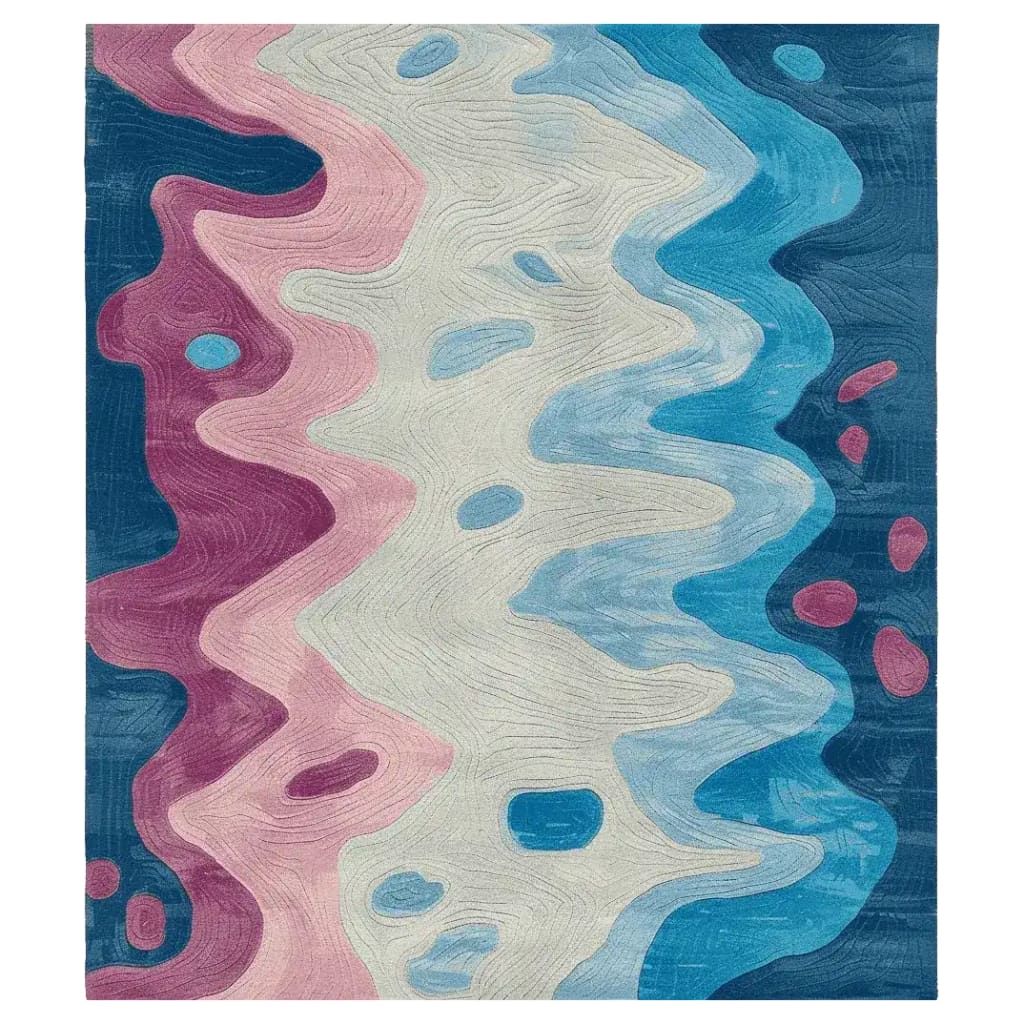 Vibrant Ripple Terrain Hand Tufted Area Rug featuring a contemporary abstract design in shades of pink, blue, and cream. This wool rug is perfect for adding a stylish touch to living room area rugs, ideally sized for living room rugs 8x10.