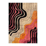 A vibrant area rug featuring an abstract design with flowing waves of black, red, orange, and beige colors. This contemporary rug, ideal for office spaces, is hand-tufted from viscose, offering a stylish and modern touch to both homes and offices.