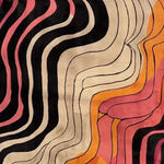 Top view of Rippling Rhapsody Hand Tufted Viscose Rug showcasing a vibrant abstract design. This contemporary area rug features flowing lines in shades of black, pink, beige, and orange, perfect for adding a modern touch to any office space. Ideal for those seeking stylish wool rugs or unique office rugs.