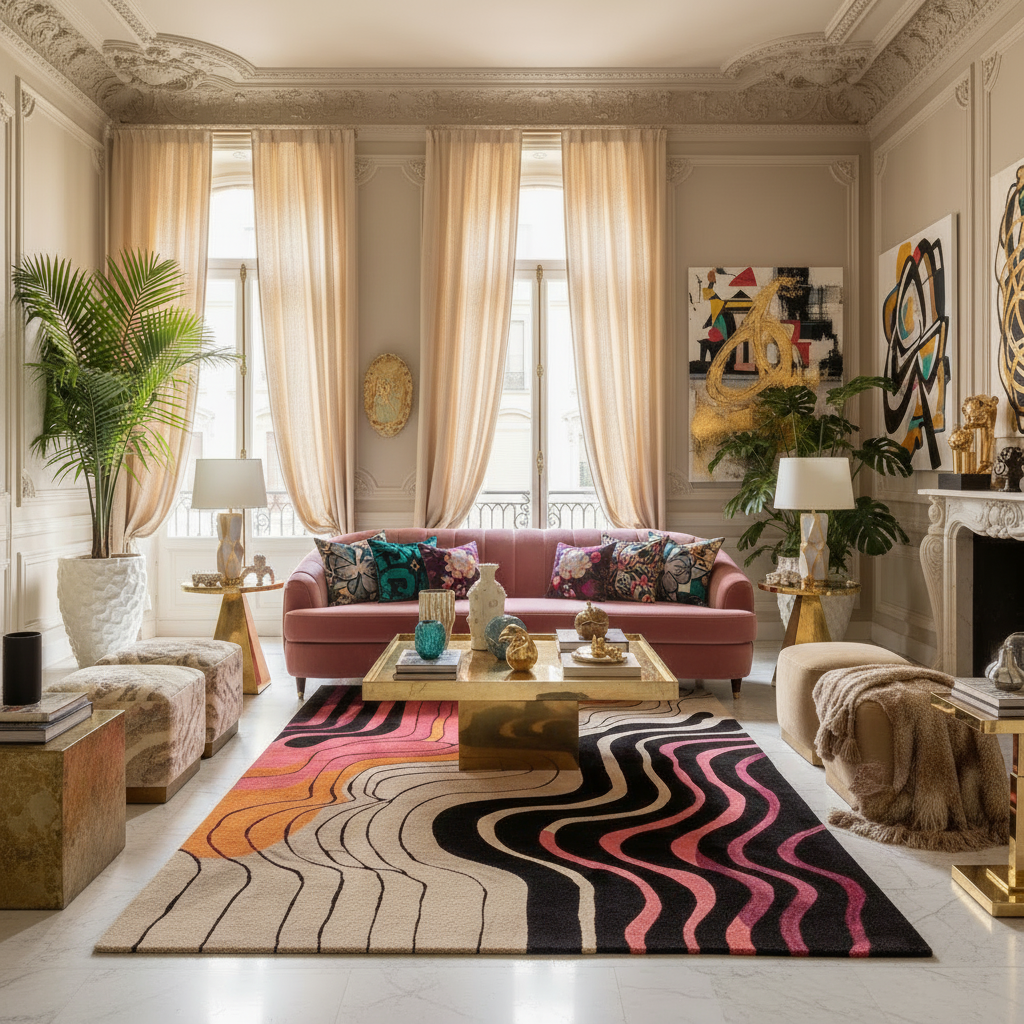 Living room with a pink sofa, colorful rug, and decorative elements.