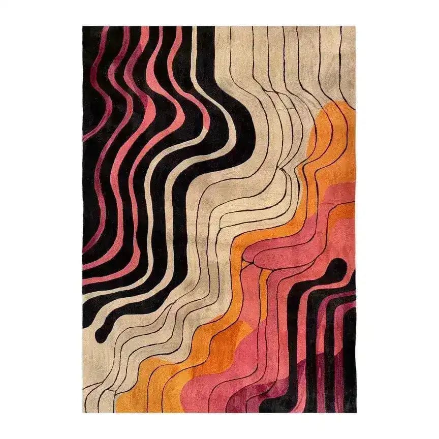 A vibrant area rug featuring an abstract design with flowing waves of black, red, orange, and beige colors. This contemporary rug, ideal for office spaces, is hand-tufted from viscose, offering a stylish and modern touch to both homes and offices.