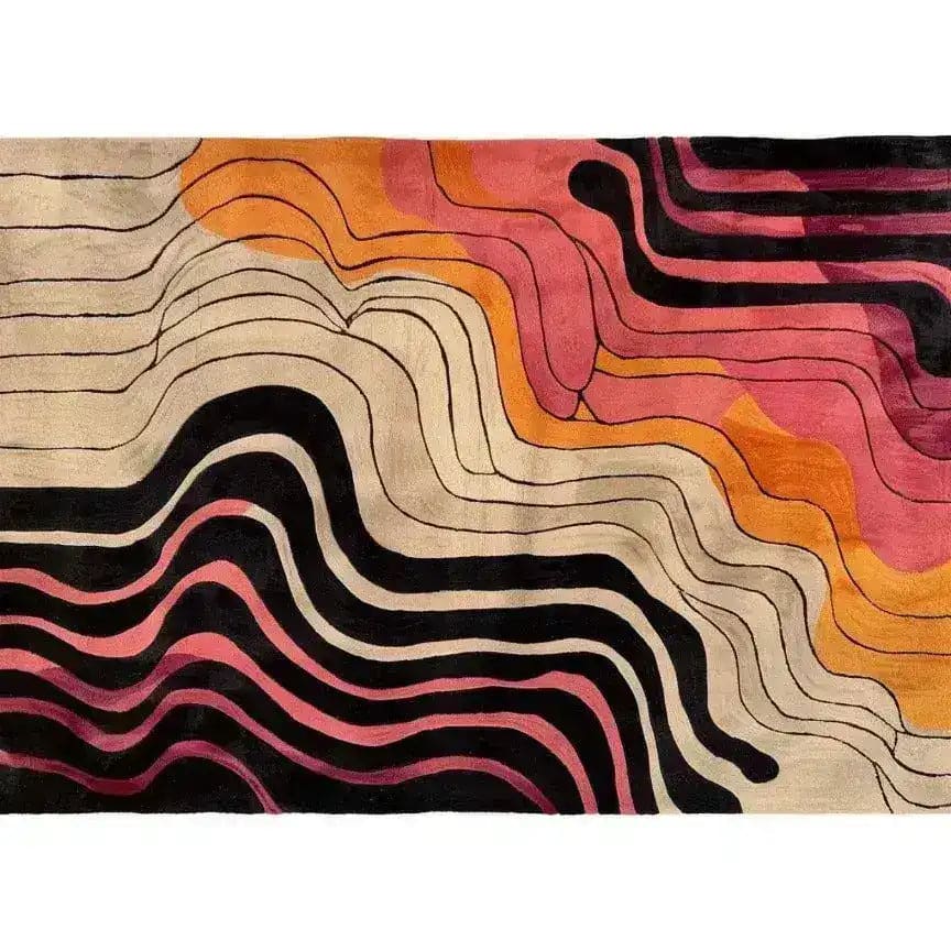 Top view of the Rippling Rhapsody Hand Tufted Viscose Area Rug featuring an abstract wave pattern in warm tones of black, pink, and orange. This contemporary rug is perfect for adding a modern touch to any office space.