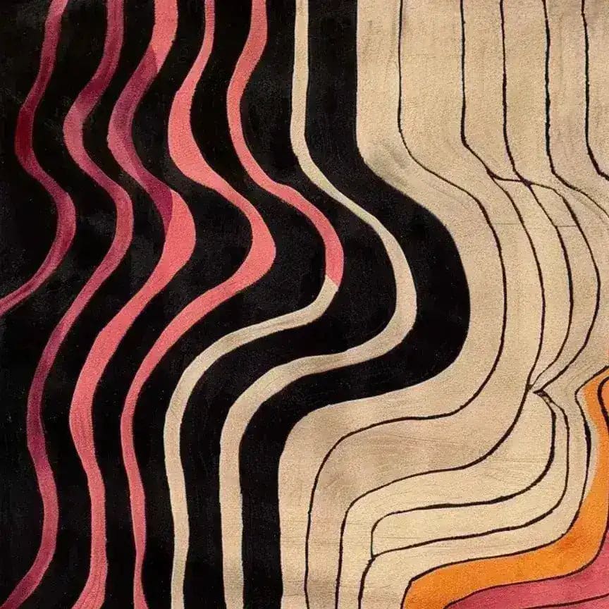 A contemporary area rug featuring an abstract design with flowing lines in black, pink, and orange hues, perfect for adding a modern touch to offices. This hand-tufted wool rug offers both style and comfort, making it an ideal choice for office rugs and enhancing any professional space.