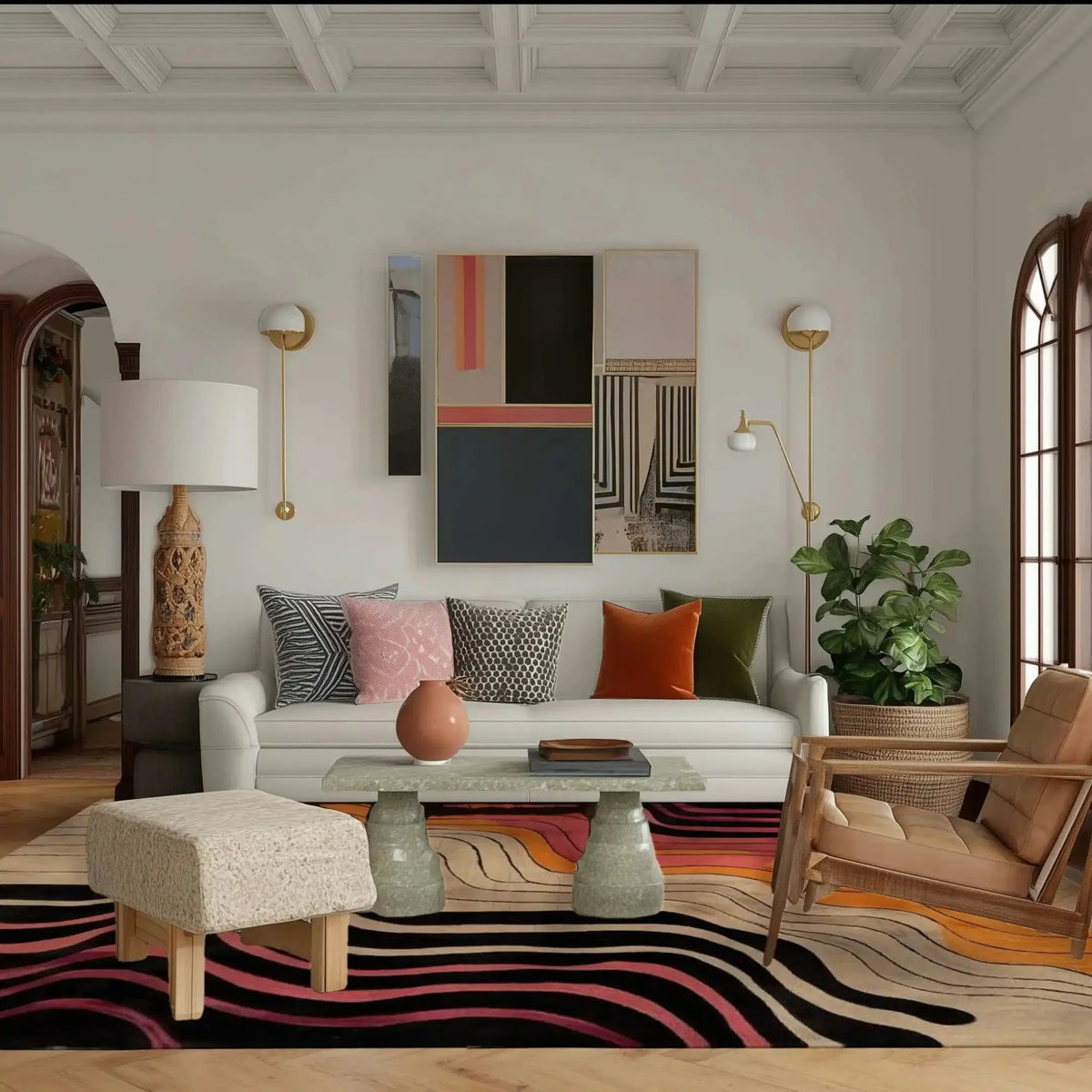 A stylish contemporary area rug with swirling patterns in black, pink, and orange hues, enhancing a modern office setting. The rug is placed under a chic glass-top coffee table, surrounded by a white sofa, colorful cushions, and elegant decor, making it an ideal wool rug for office spaces.