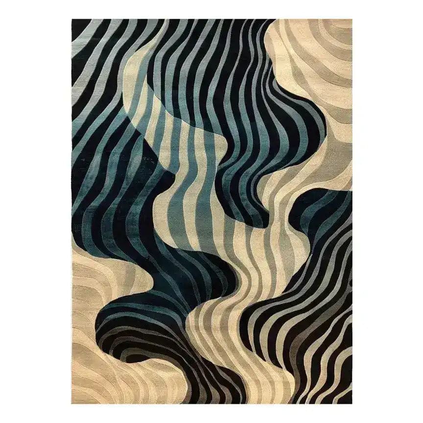 A stunning Rippling Tides Hand Tufted Area Rug featuring an abstract wave pattern in shades of blue and beige. Perfect for adding a touch of contemporary style to your dining room, this wool rug serves as a beautiful dining room carpet or a versatile addition to both living rooms and dining rooms.
