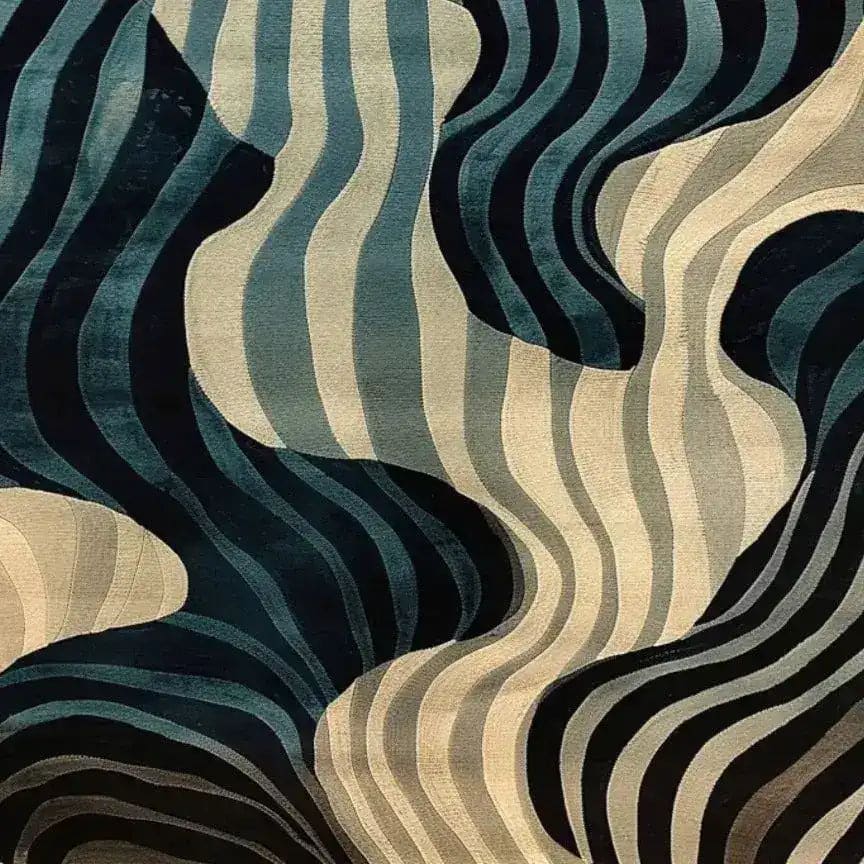 A close-up of the Rippling Tides Hand Tufted Area Rug featuring abstract wave patterns in shades of blue and beige. This contemporary wool rug adds an artistic flair to dining room carpets, making it perfect for both living room and dining room settings.