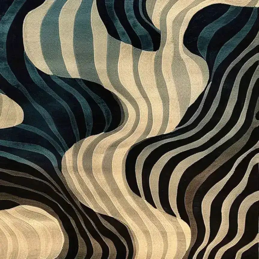 A stunning Rippling Tides Hand Tufted Area Rug showcasing an intricate wave-like pattern in shades of blue and cream. Ideal for contemporary dining rooms, this wool rug adds elegance and style, making it a perfect choice for living room and dining room carpets.