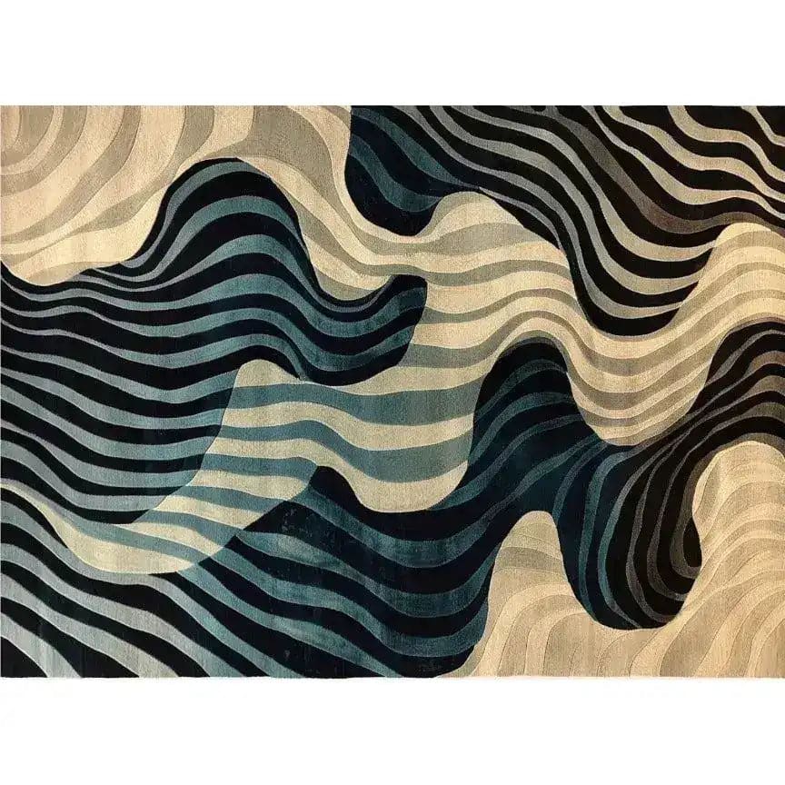 Rippling Tides Hand Tufted Area Rug featuring a dynamic wave-like pattern in shades of blue and cream, perfect for adding a contemporary touch to dining room carpets or living room and dining room rugs. This wool rug combines elegance with modern design, ideal for any stylish home.