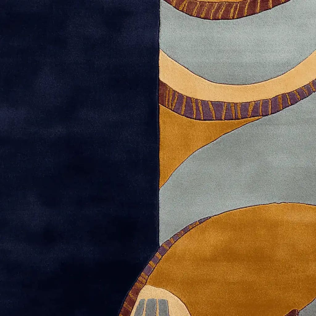Close-up view of the Riverbend Earth Form Hand Tufted Area Rug showcasing its contemporary design. The wool rug features a striking contrast of deep navy and earth-toned abstract patterns, perfect for large living room spaces.