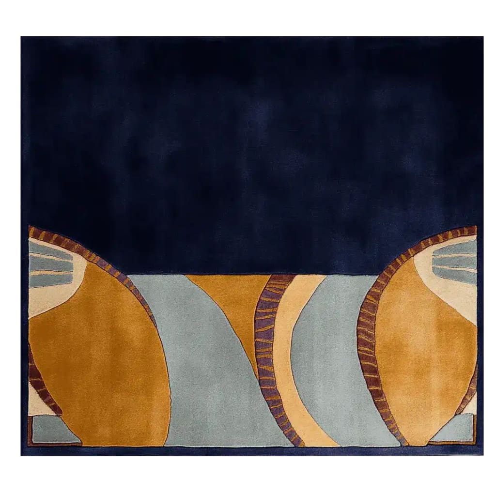 Contemporary Riverbend Earth Form Hand Tufted Area Rug featuring an abstract design with rich navy and earth-toned colors. This wool rug is perfect for adding a modern touch to your living room. Ideal as a large living room rug.