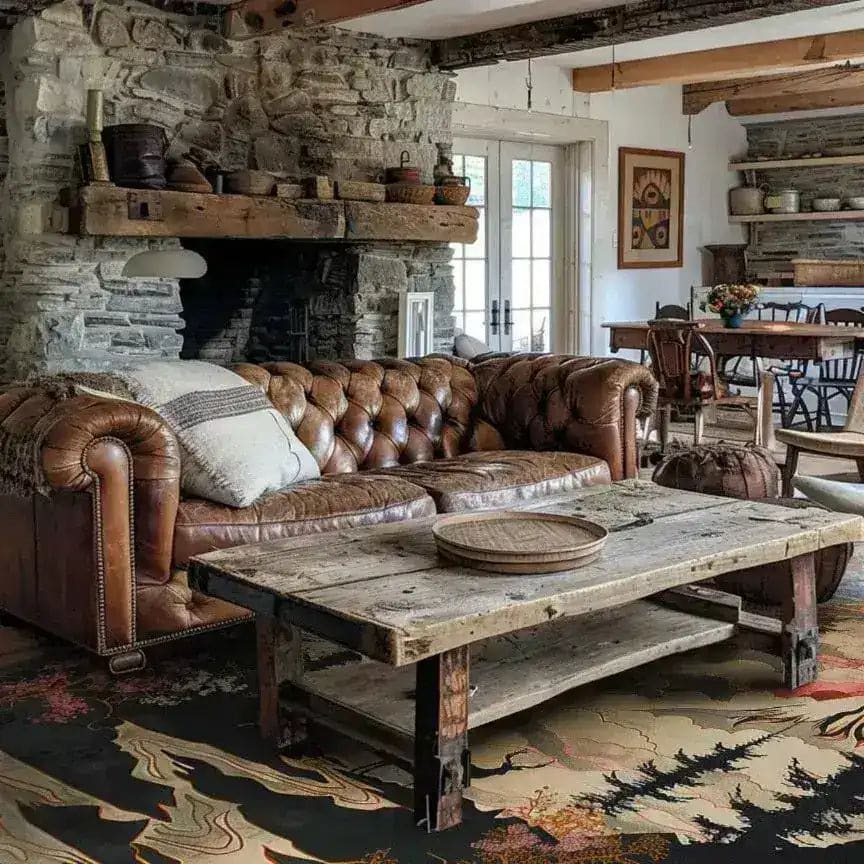 Cozy living room featuring a rustic stone fireplace, a brown leather sofa, and a wooden coffee table on a River's Embrace Hand Tufted wool area rug. The square area rug with abstract patterns adds warmth and style to the space, ideal for 8x10 living room settings.