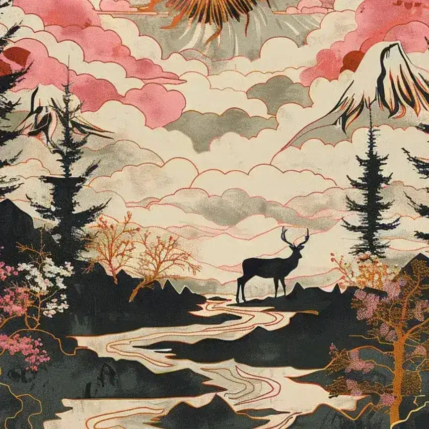 Discover the River's Embrace Hand Tufted Area Rug, a captivating wool rug perfect for adding an artistic touch to your living room. This square area rug features a stunning nature-inspired design with vibrant colors depicting a serene landscape with a deer, mountains, and trees. Ideal for those seeking unique living room rugs 8x10 or square rugs that blend style and comfort.