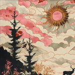 River's Embrace Hand Tufted Rug showcasing an artistic landscape design with trees, sun, and clouds in warm tones. Ideal as a striking area rug for a living room, this square wool rug measures 8x10, offering a unique touch to any space.