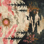 Intricate design of the River's Embrace Hand Tufted Rug featuring an abstract landscape with trees and a sun motif. This vibrant area rug, perfect for living rooms, measures 8x10 and is crafted from quality wool. Ideal for those seeking a unique square rug that stands out in any living space.