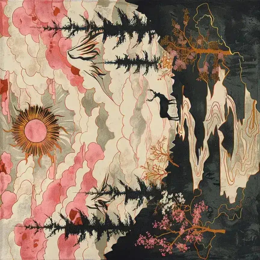 Intricate design of the River's Embrace Hand Tufted Rug featuring an abstract landscape with trees and a sun motif. This vibrant area rug, perfect for living rooms, measures 8x10 and is crafted from quality wool. Ideal for those seeking a unique square rug that stands out in any living space.